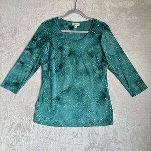 Y2K Teal Sequin Embellished 3/4 Sleeve Top Womens Large Embroidered Fairy Core